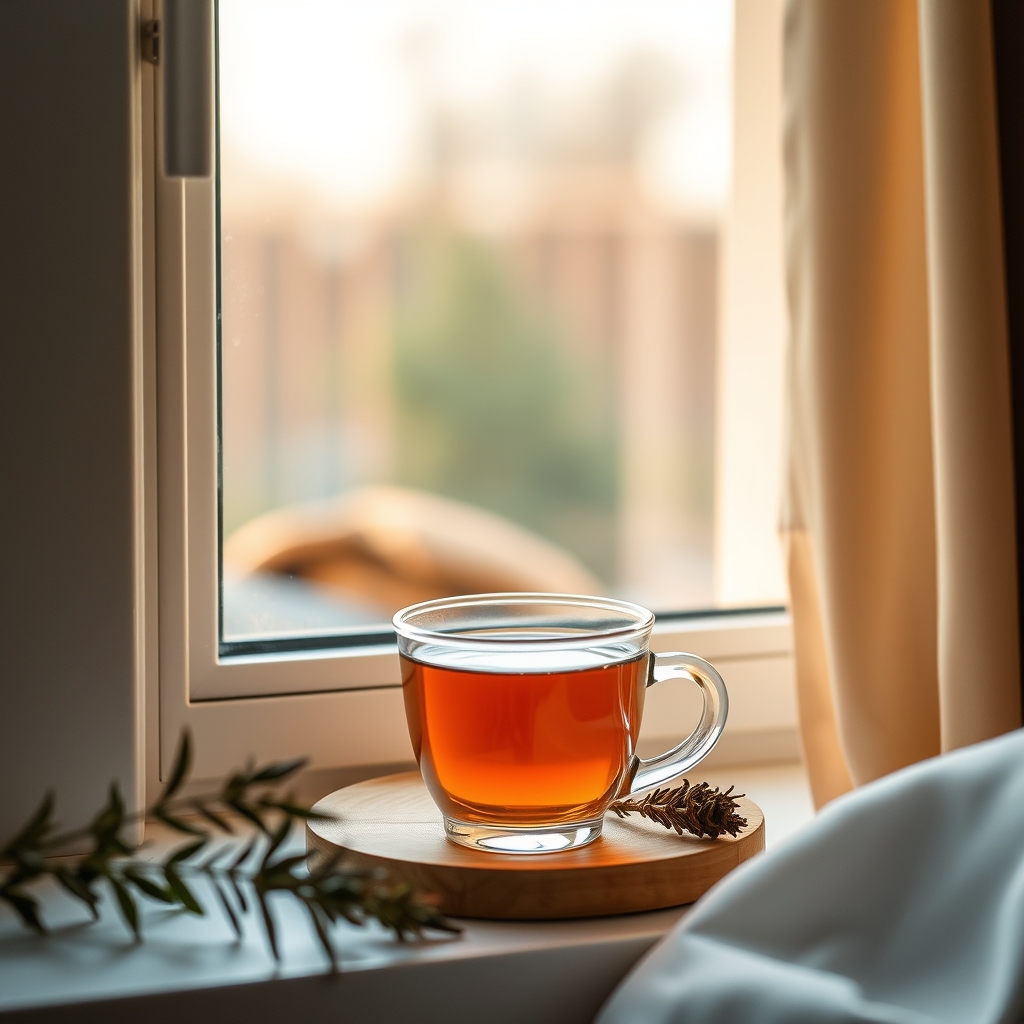 Peaceful morning scene with a cup of herbal tea beside a window